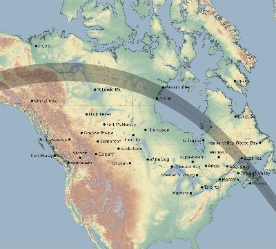 Map of the eclipse path across Canada on 08/05/1766