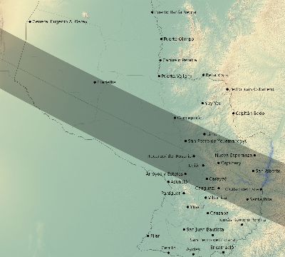 Map of the eclipse path across Paraguay on 07/25/1767