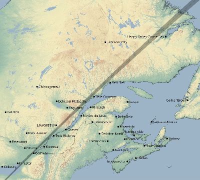 Map of the eclipse path across Canada on 01/19/1768