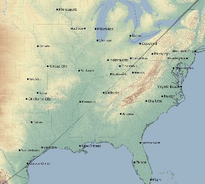 Map of the eclipse path across United States on 01/19/1768