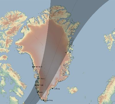 Map of the eclipse path across Greenland on 06/04/1769