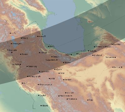 Map of the eclipse path across Iran on 03/23/1773