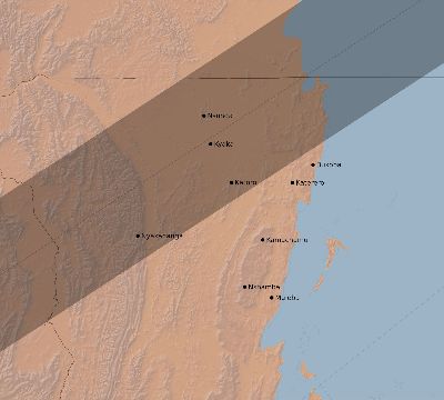 Map of the eclipse path across Tanzania on 03/12/1774