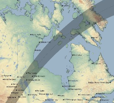 Map of the eclipse path across Canada on 04/12/1782