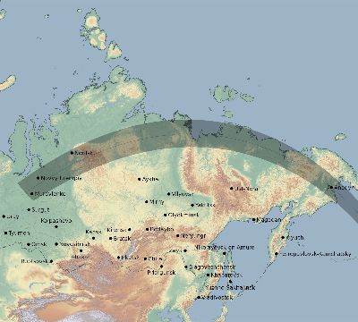 Map of the eclipse path across Russia on 08/16/1784