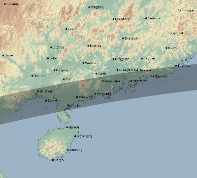 Map of the eclipse path across China on 08/05/1785