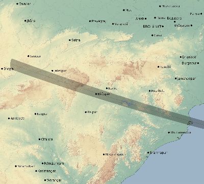 Map of the eclipse path across India on 01/30/1786