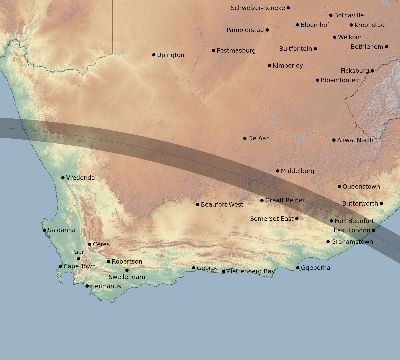 Map of the eclipse path across South Africa on 07/25/1786