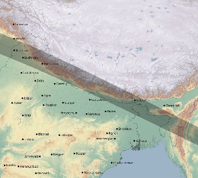 Map of the eclipse path across India on 06/04/1788