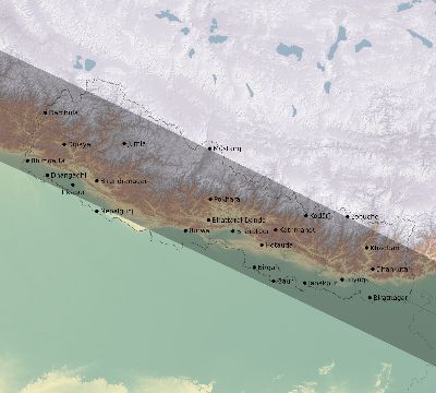 Map of the eclipse path across Nepal on 06/04/1788