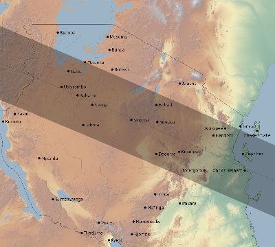 Map of the eclipse path across Tanzania on 01/10/1796
