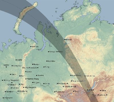 Map of the eclipse path across Russia on 08/28/1802