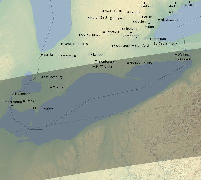 Map of the eclipse path across Canada on 06/16/1806