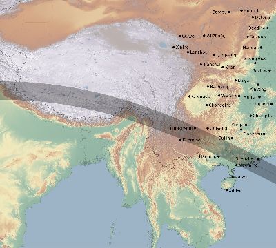 Map of the eclipse path across China on 07/17/1814