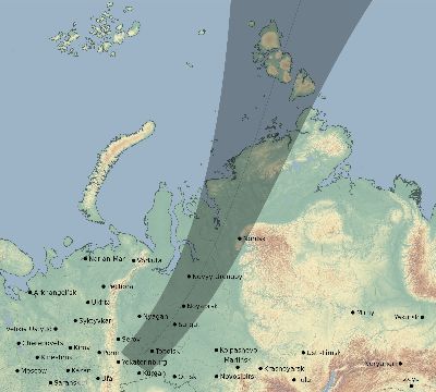 Map of the eclipse path across Russia on 07/06/1815