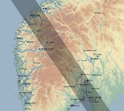 Map of the eclipse path across Norway on 11/19/1816