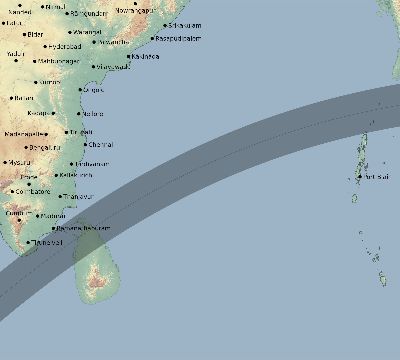 Map of the eclipse path across India on 05/16/1817
