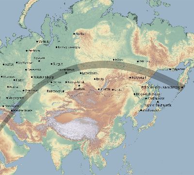Map of the eclipse path across Russia on 05/05/1818
