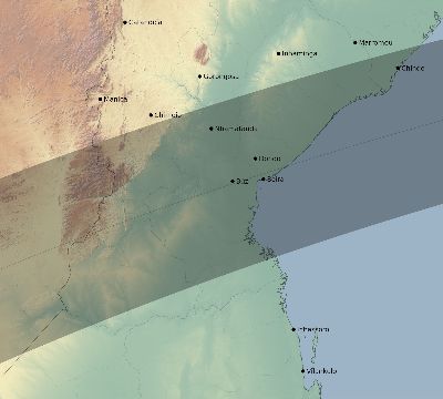 Map of the eclipse path across Mozambique on 03/14/1820