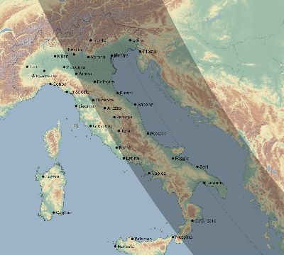 Map of the eclipse path across Italy on 09/07/1820