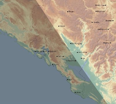 Map of the eclipse path across Montenegro on 09/07/1820
