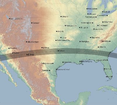 Map of the eclipse path across United States on 08/27/1821