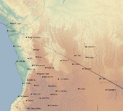 Map of the eclipse path across Angola on 06/16/1825