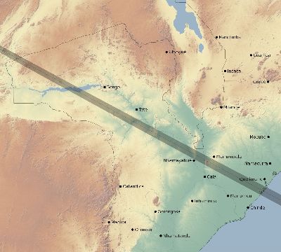 Map of the eclipse path across Mozambique on 06/16/1825