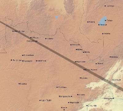 Map of the eclipse path across Zambia on 06/16/1825
