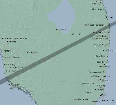 Map of the eclipse path across United States on 12/09/1825