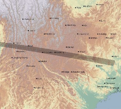 Map of the eclipse path across China on 04/14/1828