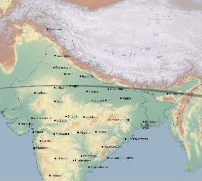 Map of the eclipse path across India on 04/14/1828