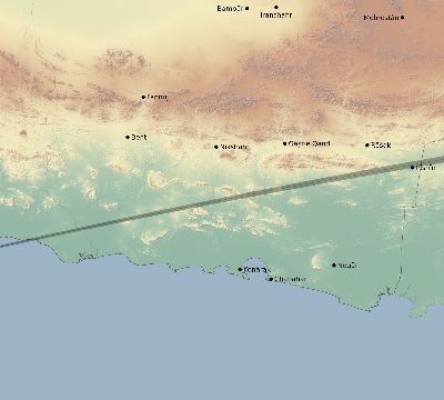 Map of the eclipse path across Iran on 04/14/1828