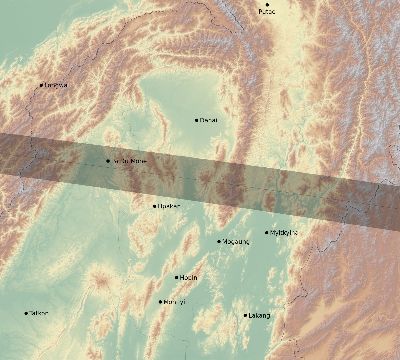 Map of the eclipse path across Myanmar on 04/14/1828