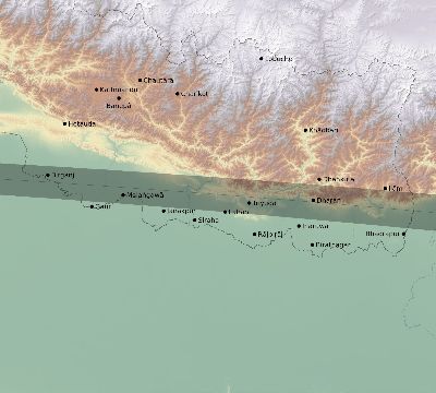 Map of the eclipse path across Nepal on 04/14/1828