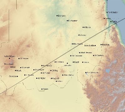 Map of the eclipse path across Sudan on 04/14/1828