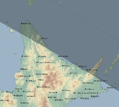 Map of the eclipse path across Japan on 09/28/1829