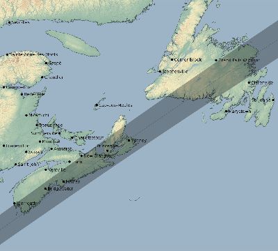 Map of the eclipse path across Canada on 02/12/1831