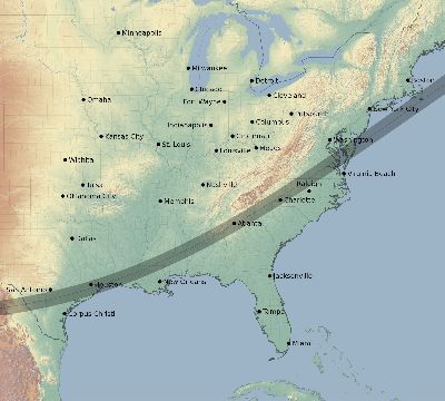 Map of the eclipse path across United States on 02/12/1831