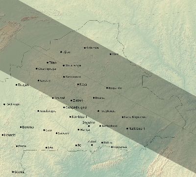 Map of the eclipse path across Burkina Faso on 07/27/1832