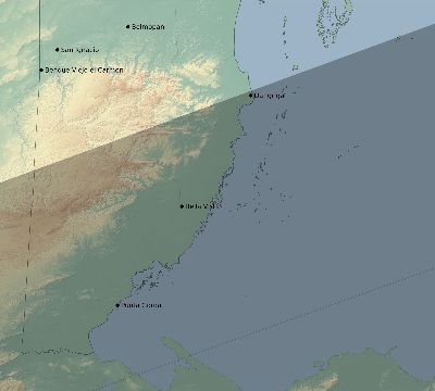 Map of the eclipse path across Belize on 07/27/1832