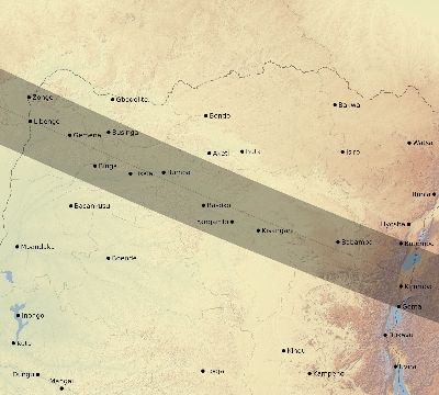 Map of the eclipse path across DR Congo on 07/27/1832
