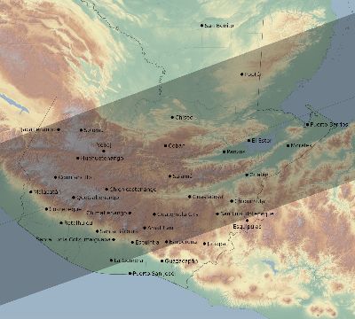 Map of the eclipse path across Guatemala on 07/27/1832