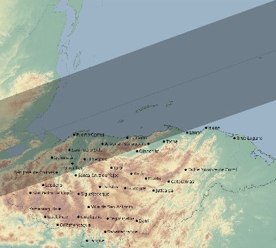 Map of the eclipse path across Honduras on 07/27/1832