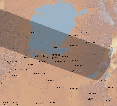 Map of the eclipse path across Tanzania on 07/27/1832