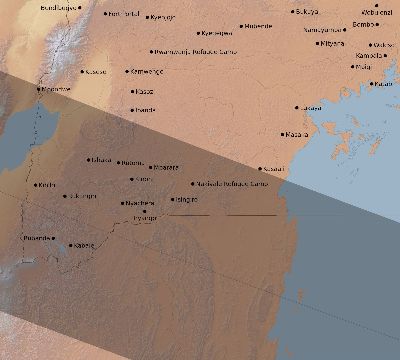 Map of the eclipse path across Uganda on 07/27/1832