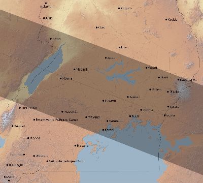 Map of the eclipse path across Uganda on 05/27/1835