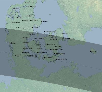 Map of the eclipse path across Denmark on 05/15/1836