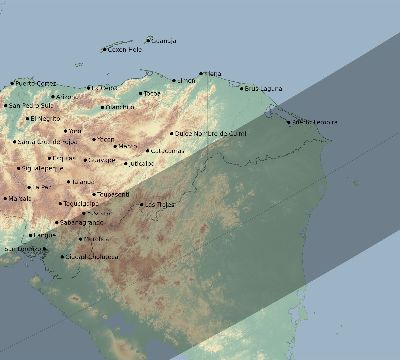 Map of the eclipse path across Honduras on 05/15/1836