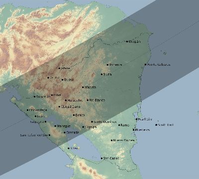 Map of the eclipse path across Nicaragua on 05/15/1836